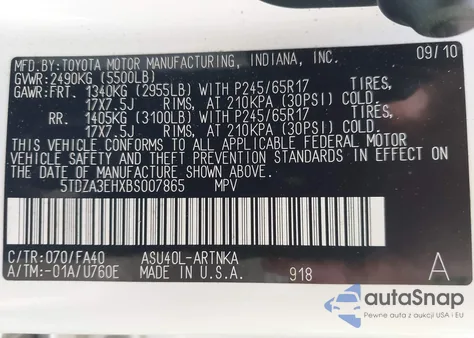 2011 Toyota Highlander z USA, uszkodzony, nr VIN 5TDZA3EHXBS007865